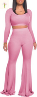 Two Piece Outfits for Women Sexy Crop Top + Flared Long Pants Sweat Suits Ribbed Fitted Tracksuits Yoga Set
