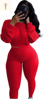 Womens Ribbed 2 Piece Outfits Long Sleeve Crop Top Pullover Skinny Long Pants Sweatsuits Set Tracksuit
