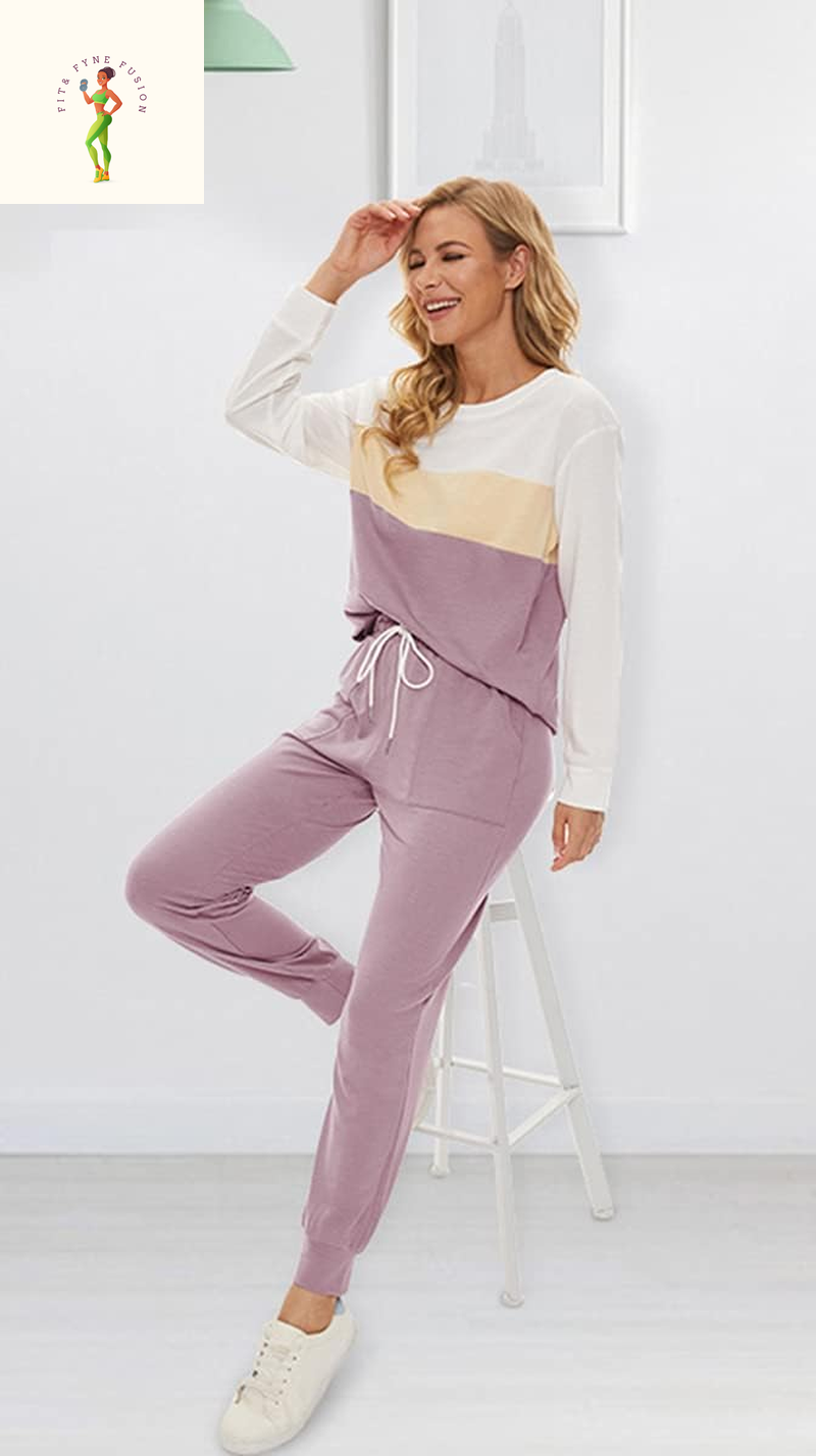 Fengbay Two Piece Outfits for Women,Long Sleeve Crewneck Pullover Tops and Pants Sweatsuits Lounge Set with Pockets