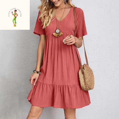 2025 Loose V-Neck Short Sleeved Pleated Women Dress Solid Color A-Line Beach Dresses Elegant Simple Comfortable Woman Clothing